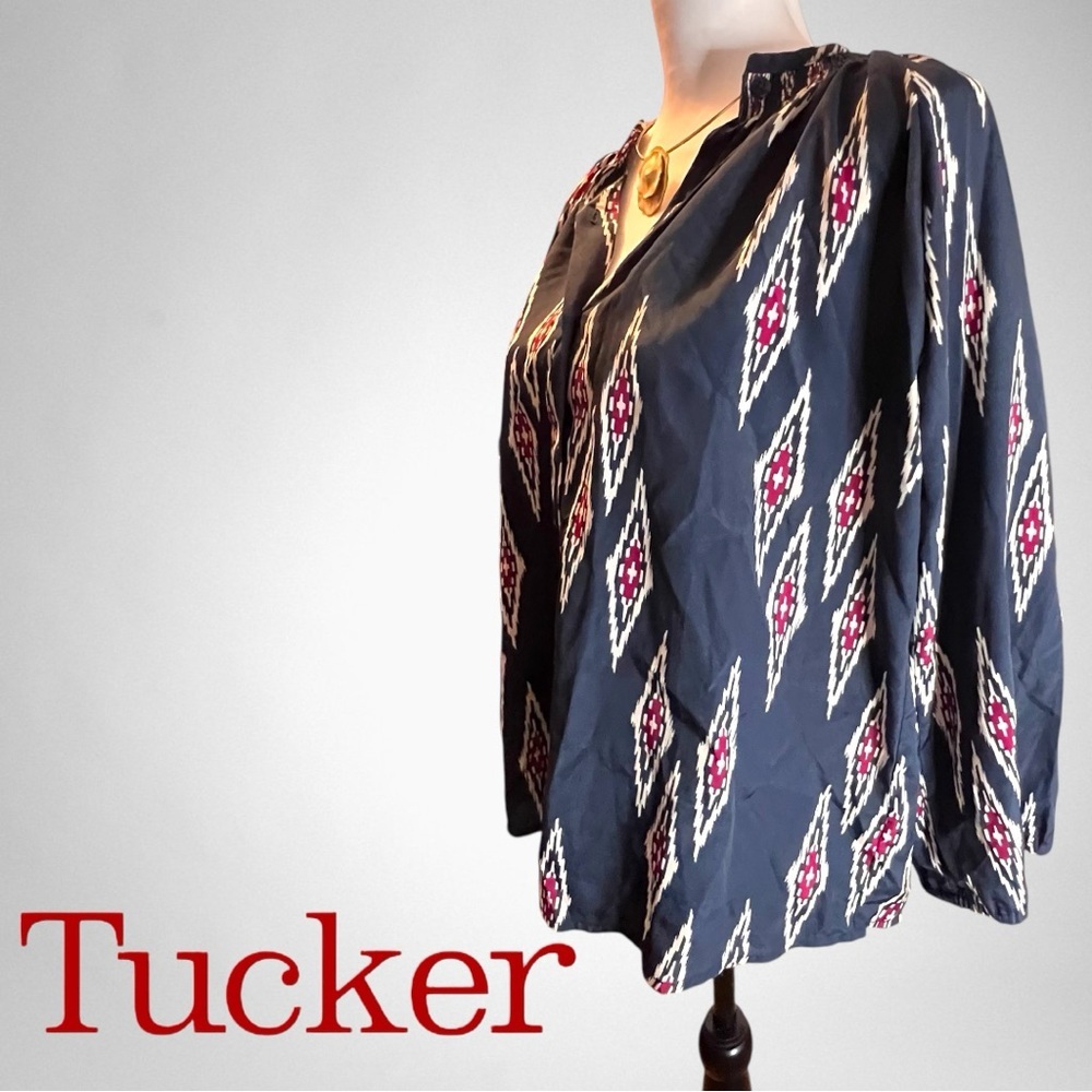 Tucker Charcoal Blouse with Red and White Geometric Design